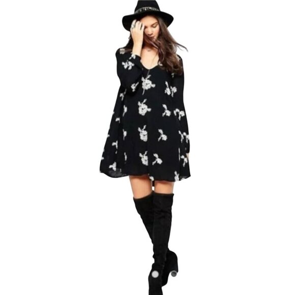 Free People Emma Austin Swing Trapeze Dress Black Embroidered Long Sleeve Size S - Picture 7 of 16
